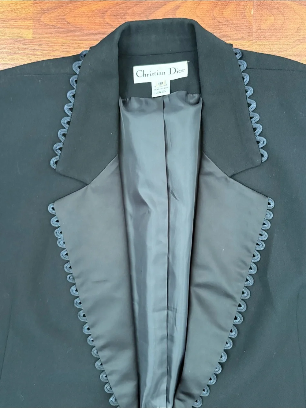 VTG Christian Dior Womens Double Breasted Blazer Jacket 18 Black Wool Satin Trim